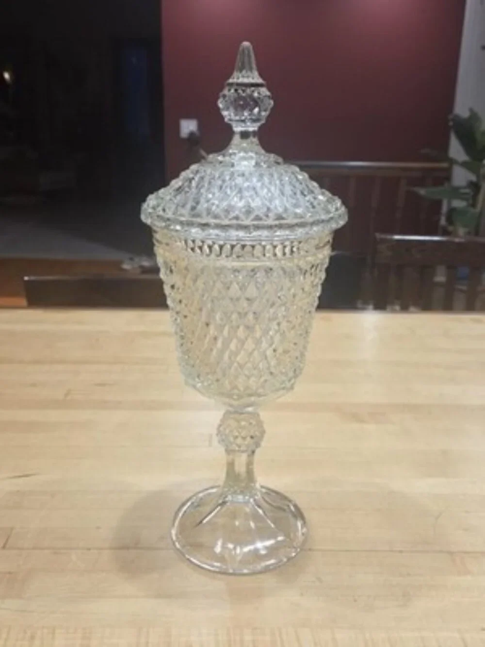 Vintage Indiana Glass Diamond Point Clear Apothecary Jar Tall Candy Dish 15.5
